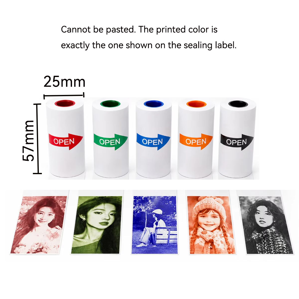Mini Pocket Thermal Printer Paper Roll - 57x25mm Weiß/Farbiges Thermopapier - Nicht-klebend, für